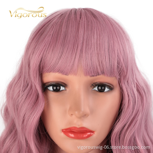 Best Hair Short Vendors High Quality Temperature With Bang Loose Wave Deep Pink Wholesale Wigs Synthetic